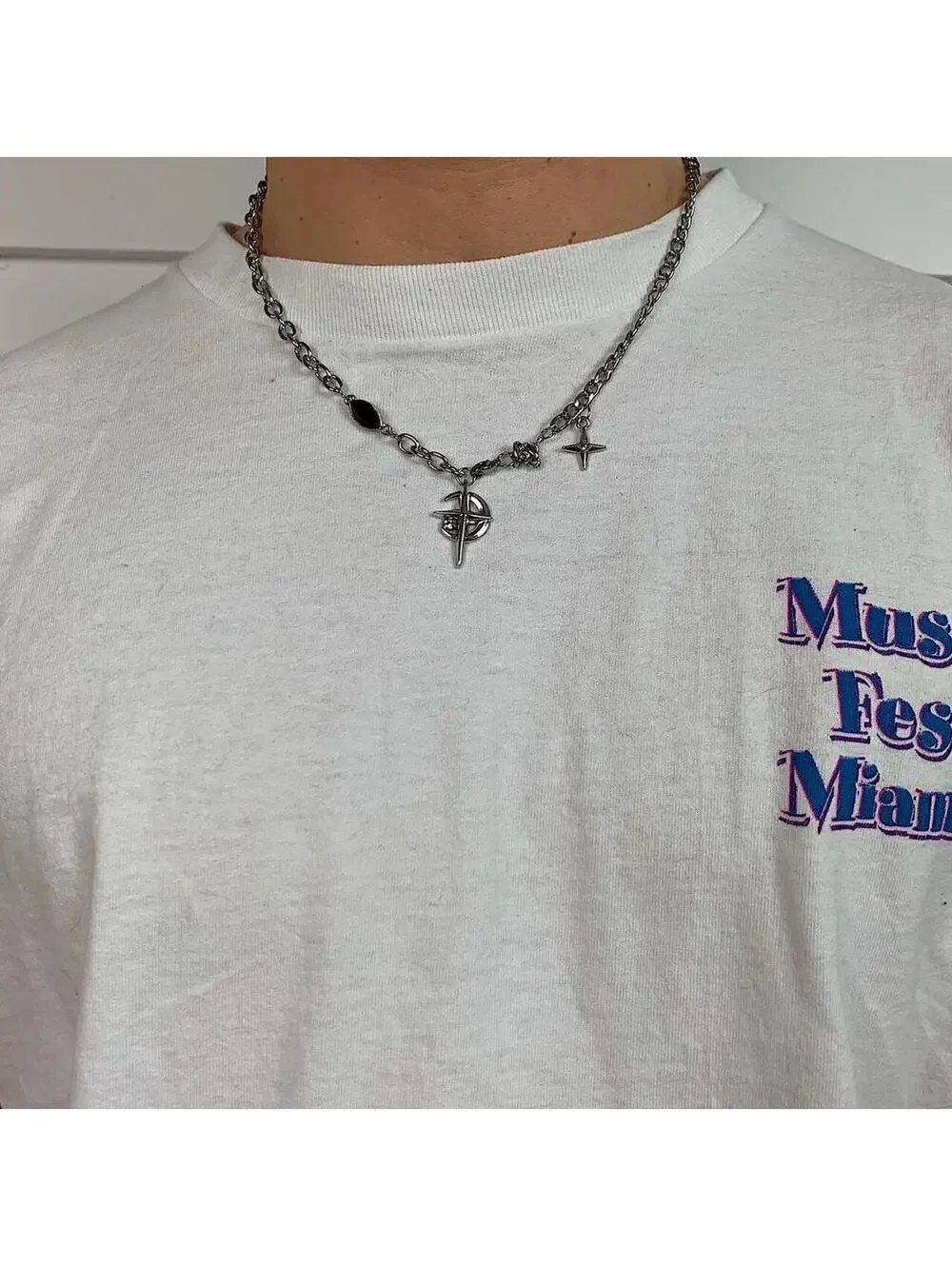 Y2k cyber 2000s style punk grunge crystal cross and opal pendant necklace chain.
